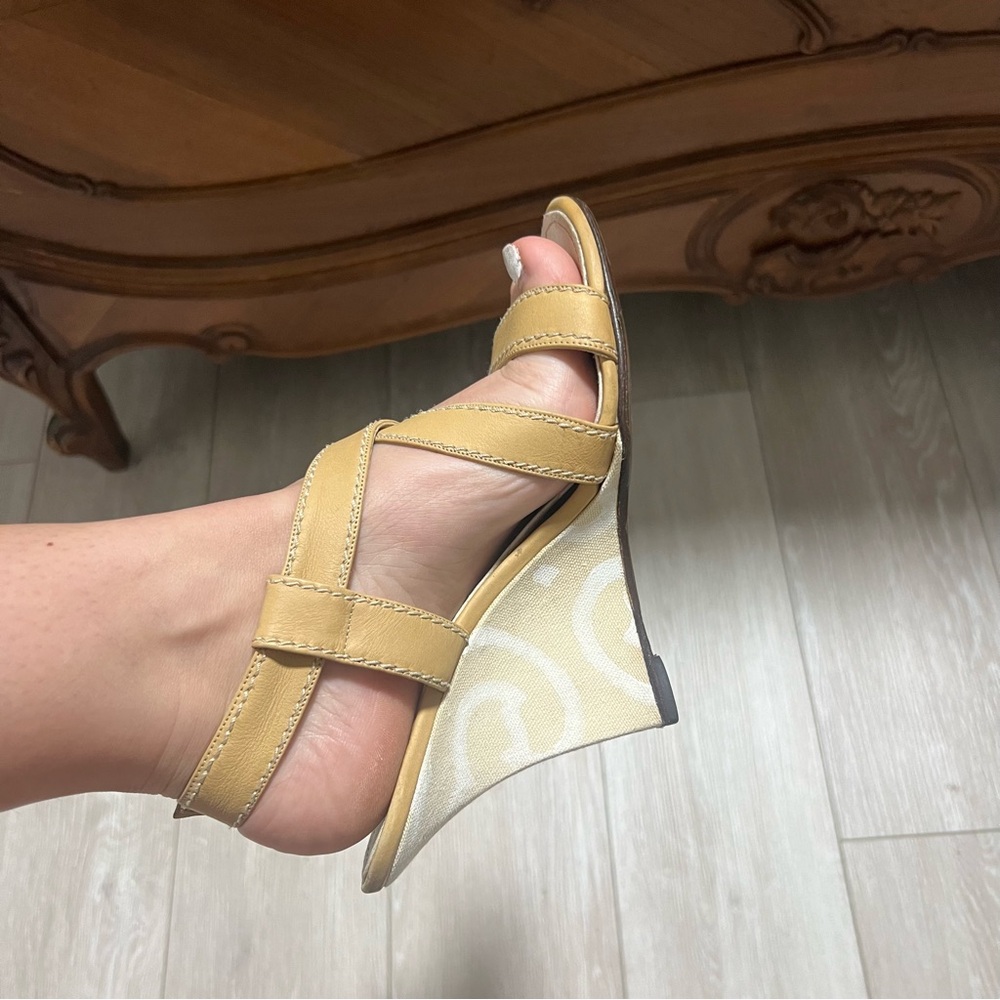 Manolo Blahnik High Heel Wedges Strappy Sandal Tan White Swirl Yald Bulgaro sz 8 - Picture 7 of 12